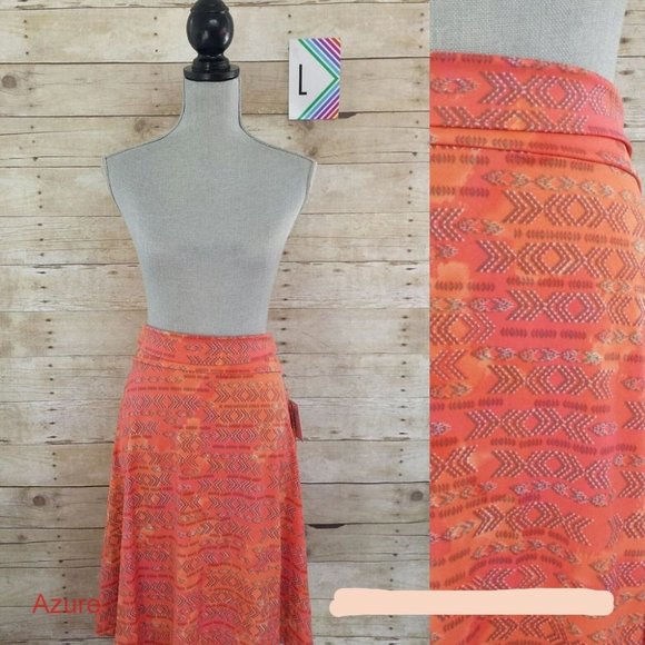 LuLaRoe Azure Skirt (or top) Large - Light Brown & Green Aztec Print on Peach - Picture 1 of 1